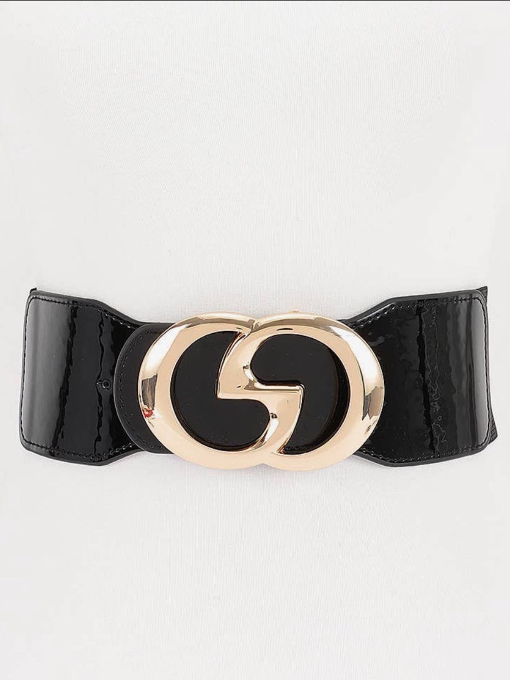 ShopEvelynne Black Patent Waist Belt with Gold Double Ring Buckle - Picture 2 of 4